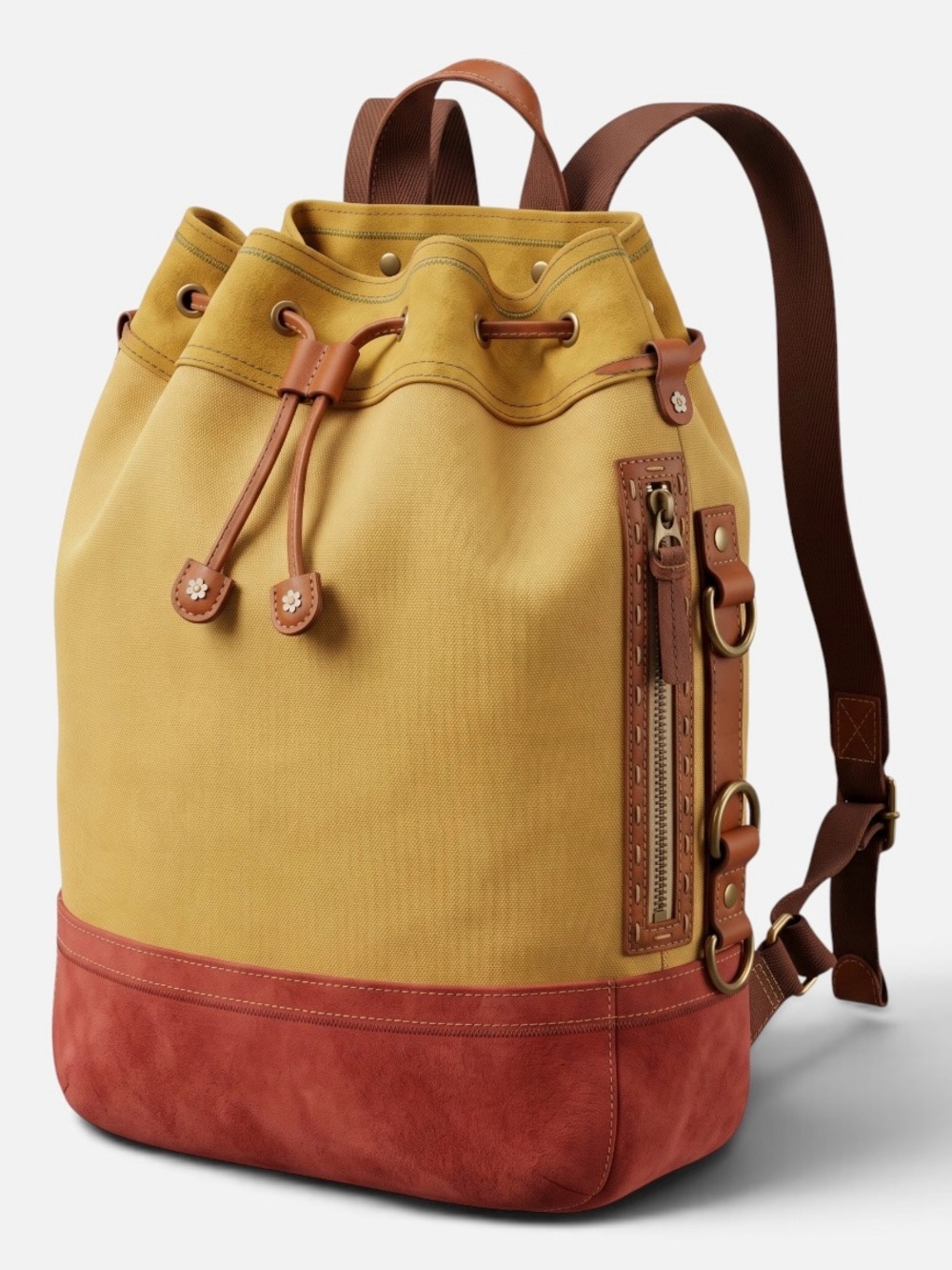 Lucky Brand Canvas Drawstring Bucket Bag in Mustard and Rust for Women - Picture 2 of 7